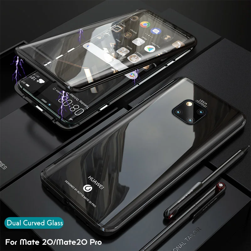 Чехол из закаленного стекла для huawei P30 Pro, чехол с магнитным металлическим бампером, противоударный чехол для huawei mate 20 Pro 360, полный Чехол - Цвет: Black