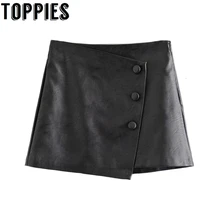 Черные кожаные юбки женские зимние Асимметричные мини юбки с пуговицами Высокая талия faldas уличная одежда