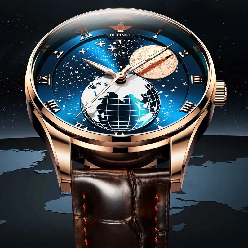 Классические водонепроницаемые мужские часы OUPINKE Moon Phase с сапфировым стеклом