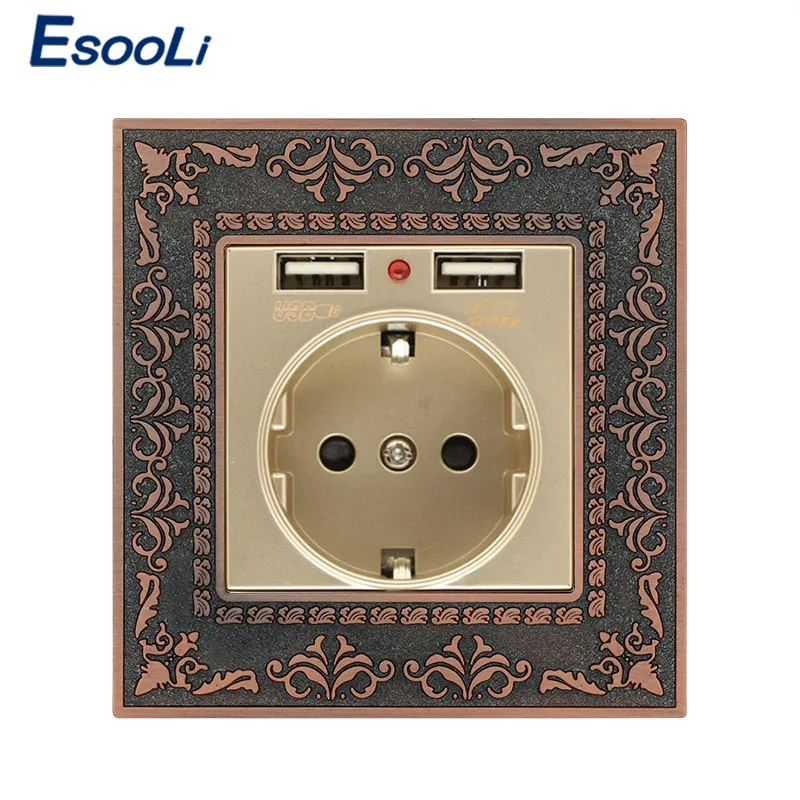 Esooli EU Standard Power Wall Socket With Dual USB 2.1A Zinc Alloy High End Retro Panel 16A Gold Charging Port Embossed Panel
