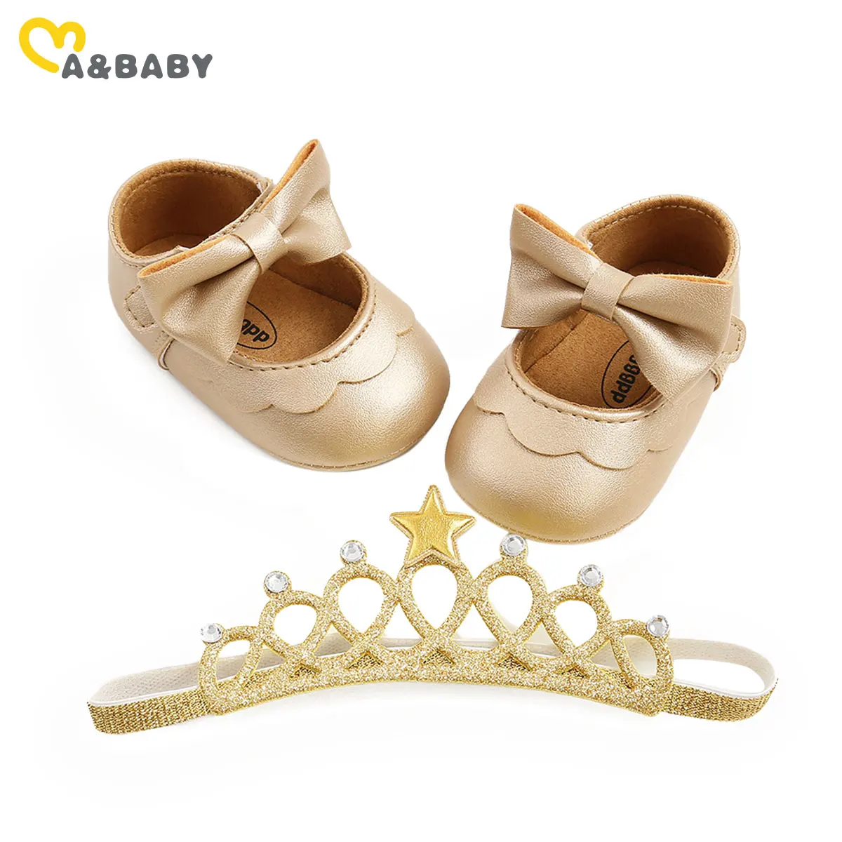 Mamá y bebé de 0-18M recién nacido bebé niña en primer lugar los caminantes zapatos de cuero de la Pu lindo arco princesa zapatos de Cumpleaños + diadema