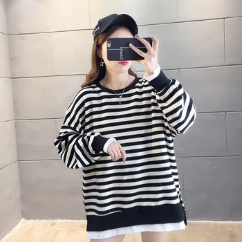 

2020 NEW Autumn new striped super fire sweater female loose Korean version of the fake two women's thin coatAutumn new striped