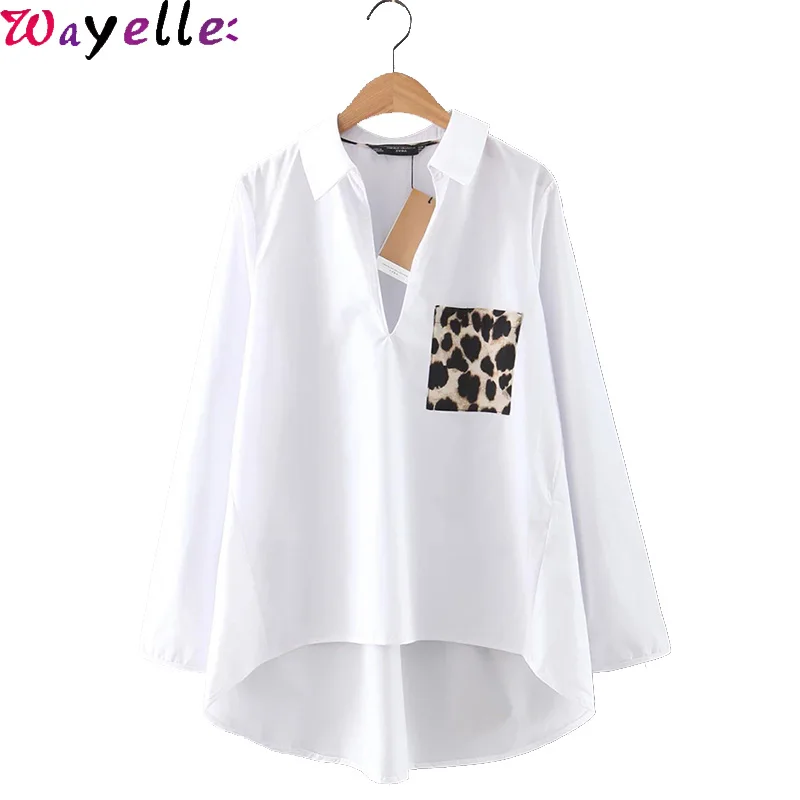 

Women Tops Shirts Leopard Pocket Dip Hem Blouses Women Clothes 2019 Autumn Casual Long Sleeve Loose Office Ladies Tops Blouses