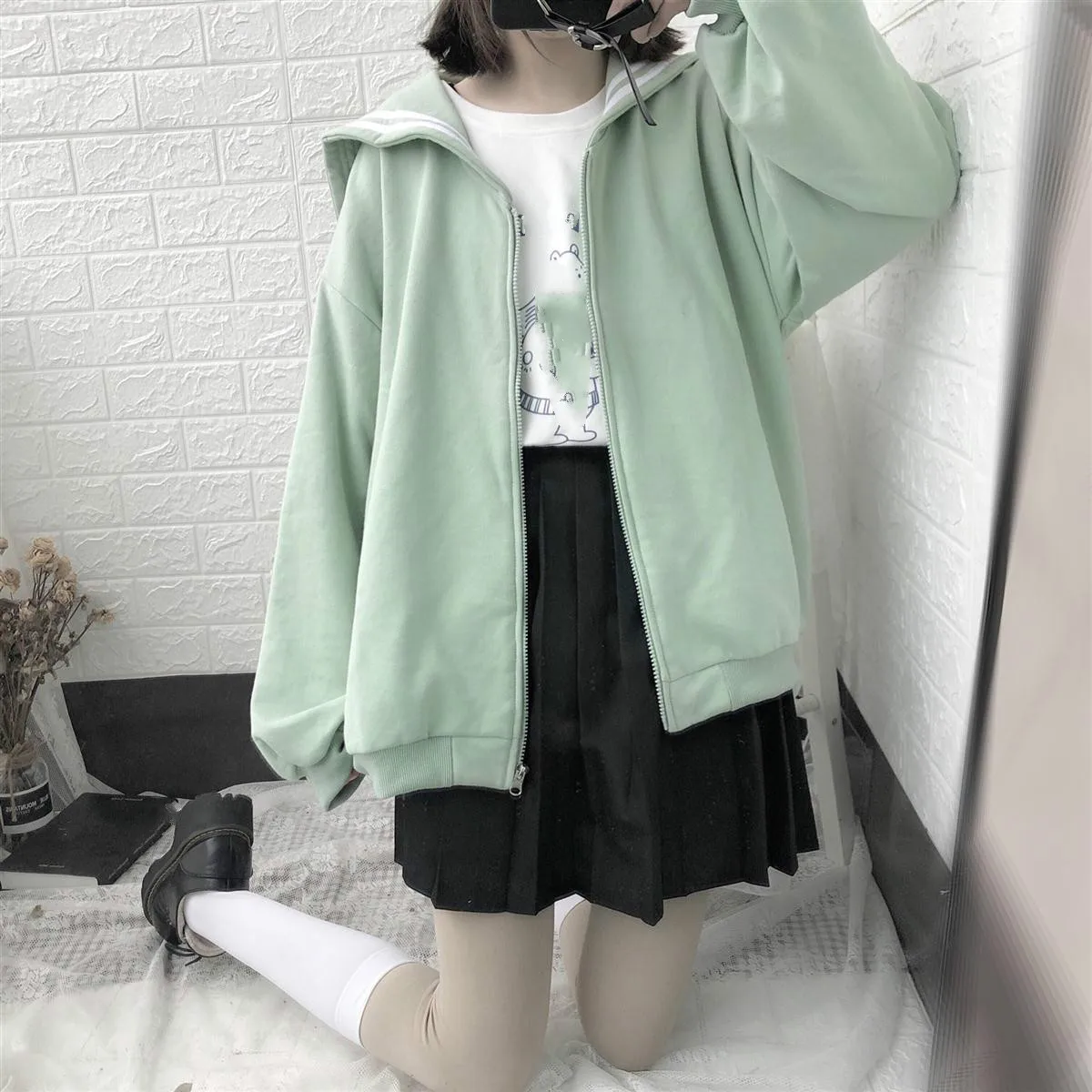 green fleece Neploe полосатая толстовка на молнии с матросским воротником, пальто-кардиган, осенне-зимняя флисовая утепленная женская куртка, новинка, топ-джемпер 55820 - Цвет: green fleece