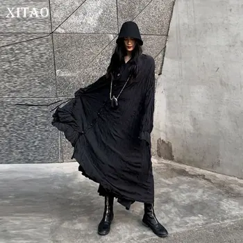 

XITAO Pleated Black Dress Fashion Loose Single Breast Small Fresh Turn Down Collar Casual Minority 2020 Spring Dress DMY2279