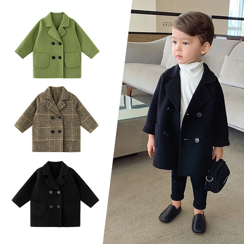 Зимние куртки однотонный шерстяной двубортный плащ для маленьких мальчиков