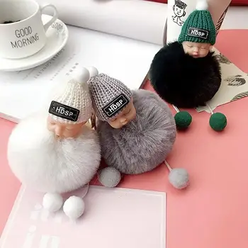 

Cute Plush Ball Sleeping Baby Doll Keychain Key Ring Holder Faux Rabbit Fur Ball Keyring Women Girl Backpack Bag Decor Pendant