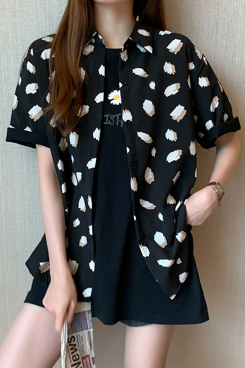 Women Blouses Direct Selling Button Print 2020 Summer New Short-sleeve White Black Shirt Female Casual Women's Slim Clothing