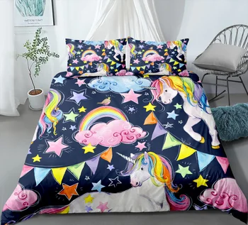 

Cartoon Unicorn Bedding Girl Microfiber Duvet Cover Set Rainbow Banner Stars Bed Linen Set Home Quilt Cove Single Double Size