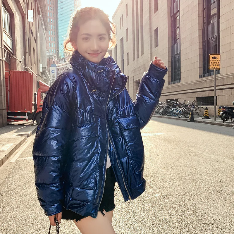 

Down Jacket Cotton-padded Clothes Women's Europe And America 2019 New Style Fashion Short Loose-Fit Bright Surface Cotton-padded