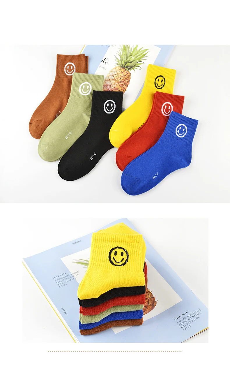 5 Pairs/6 Pairs One Pack New Women's Short Socks Harajuku Style Pure Cotoon Cute Smile And Plaid Pattern Crew | Женская одежда