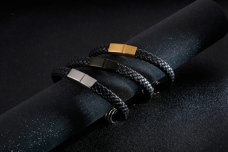 Personalized Braided Genuine Leather Bracelet Men Gold Black Stainless Steel Men's Bracelets Fashion Wrap Bangles Hand Jewelry