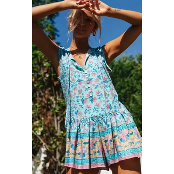 

Boho Floral Printed Mini Dress 2020 Summer Sexy V Neck Sleeveless Vintage Chic Ladies Dress Hippie Beach Loose Casual Vestidos