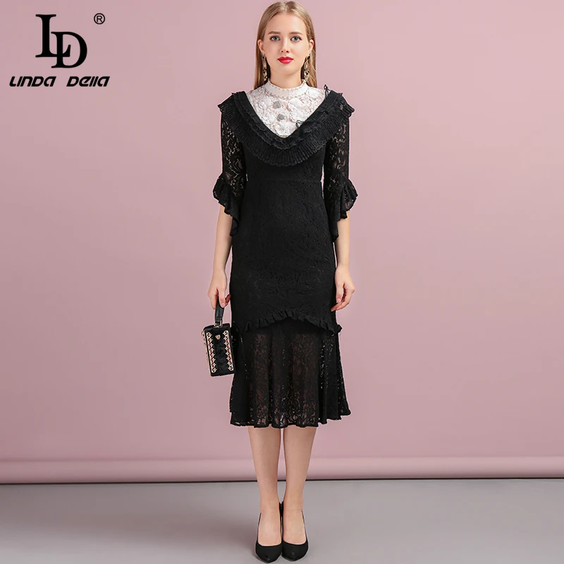 

LD LINDA DELLA Fashion Runway Autumn Lace Black Party Dress Women's Sweet Ruffled Beading Appliques Vintage Slim Midi Dresses