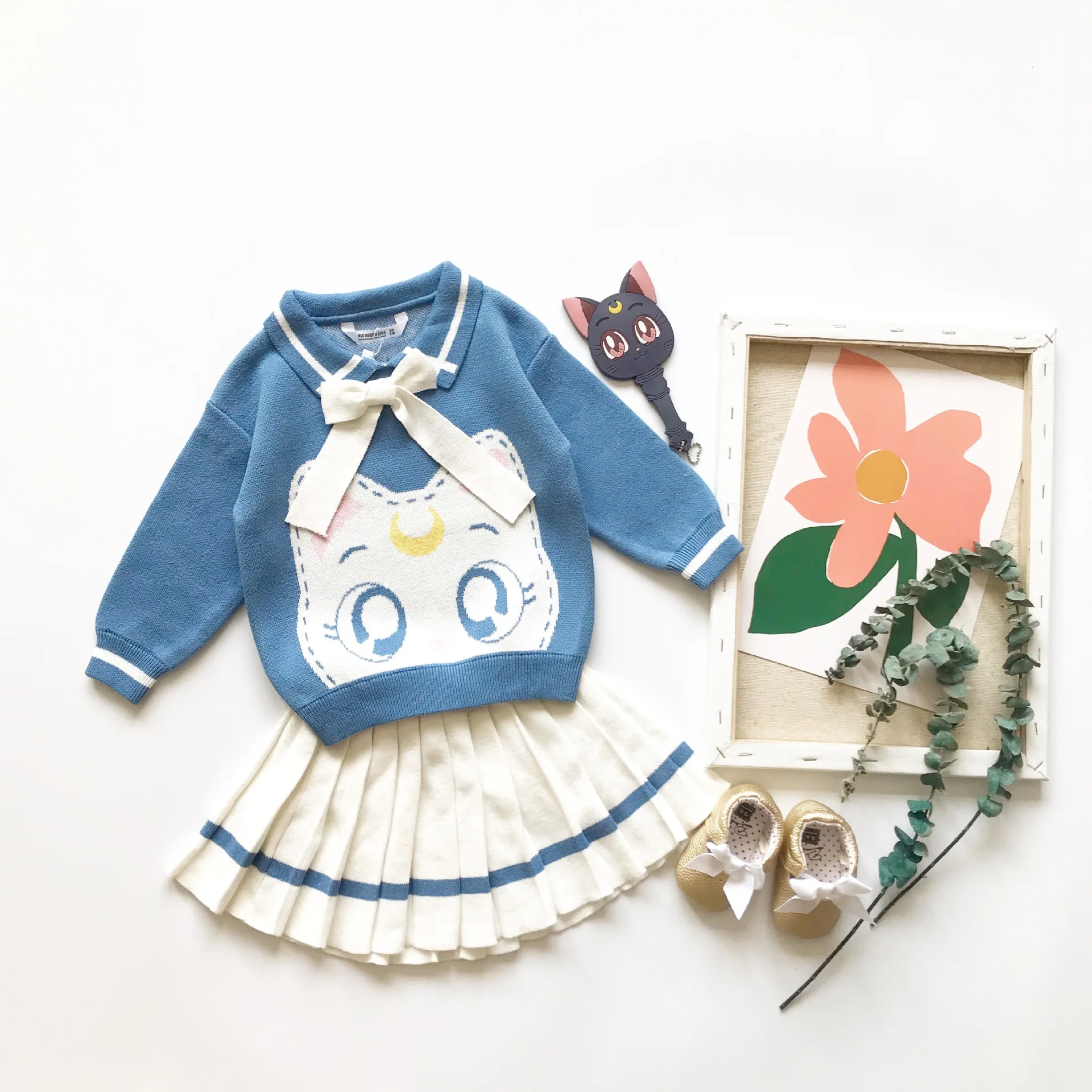 Tonytaobaby/ вязаный костюм для девочек на осень и зиму, хлопковый костюм из двух предметов с рисунком кота и бантом одежда для девочек