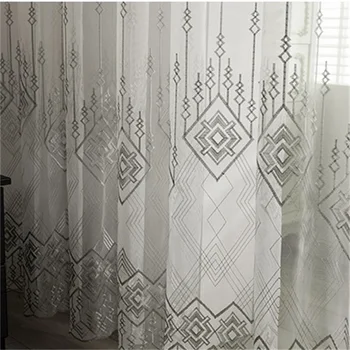 

Modern Nordic Grey Geometric Embroidered Window Screening Transparent Sheer Curtain For Living Room Bedroom Kitchen Custom #4