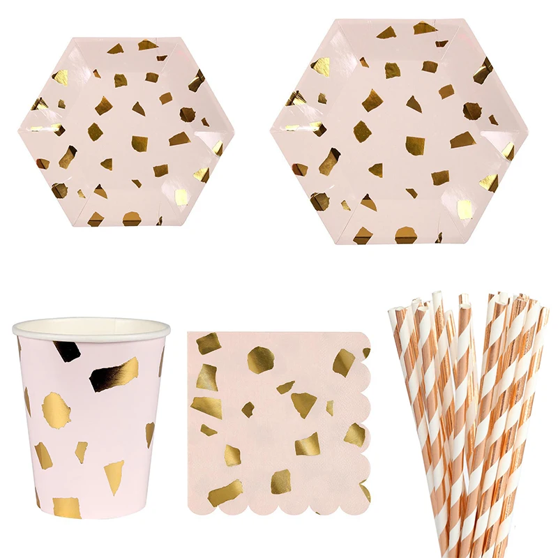 65Pcs Pink Gilding Disposable Tableware Rose Gold Paper Cup Plate Napkin Birthday Wedding Party Decor Kids New Year Supplies | Дом и сад