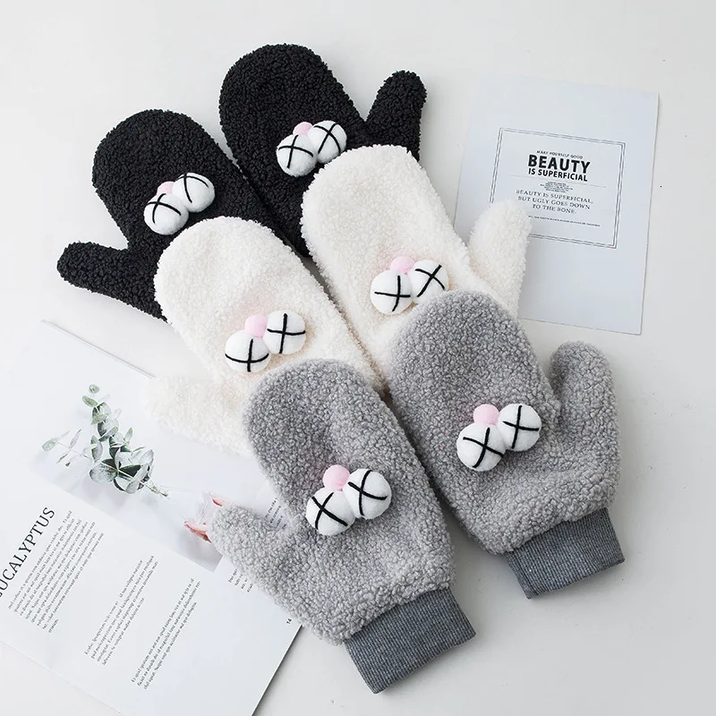 Women Faux Lamb Wool Gloves Winter Spring Warm Kawaii Eye Full Finger Gloves Cute Ladies Girls Solid Outdoor Hanging Gloves