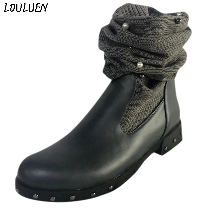 LOULUEN/ г. Ботинки модная женская кожаная обувь без шнуровки с круглым носком Нескользящие теплые высокие сапоги подарок в римском стиле, Laarzen Bottes Mujer