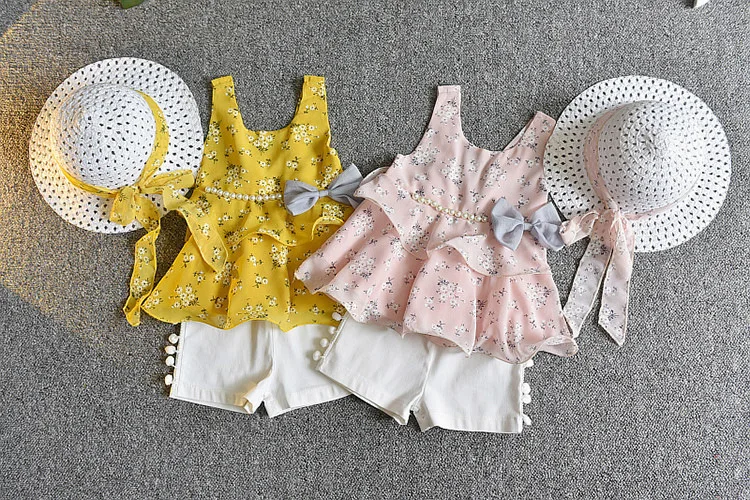 VIMIKID/комплекты одежды для девочек; коллекция года; летняя детская одежда; шифоновая майка с цветочным рисунком+ шорты с вышивкой; соломенная одежда для детей