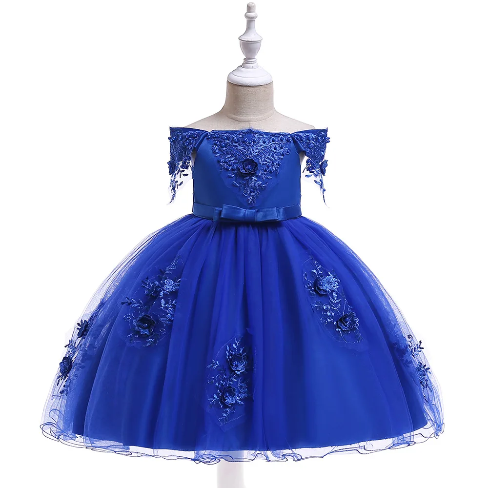 Красивое детское свадебное платье принцессы для девочек; одежда для летней вечеринки; светло-голубое платье подружки невесты с цветочной аппликацией - Цвет: Синий