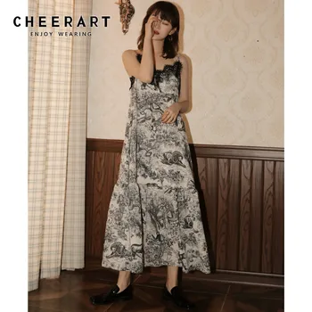 

CHEERART Vintage Spaghetti Strap Dress Lace V Neck Long Midi Dress Women Summer Print A Line Fashion Dresses