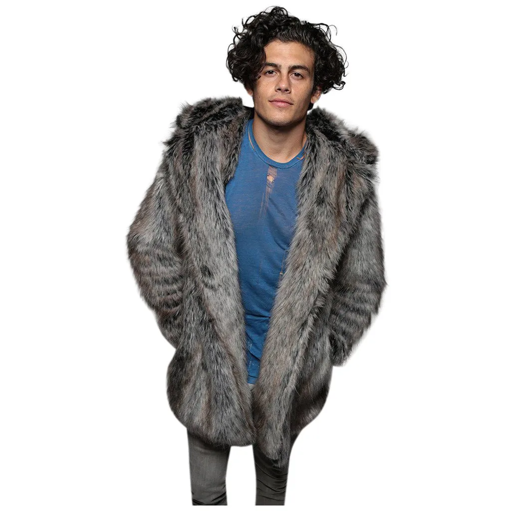 Зимняя Осенняя мужская длинная куртка с капюшоном из искусственного меха, ветровка с толстым теплым меховым воротником с отворотом, длинное пальто, верхняя одежда плюс, парка из искусственного меха волка