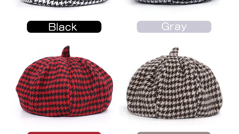Fashion Female Houndstooth Berets Black Berets With Adjustable Rope autumn winter Plaid Beret Hats For Women French Berets