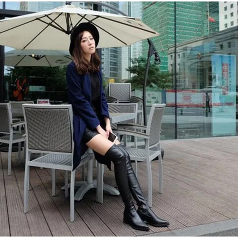 Autumn Women Pointed Toe Over The Knee Boots Woman Fashion Women's Slip On Soft PU Leather Ladies Platform Sexy Female Shoes