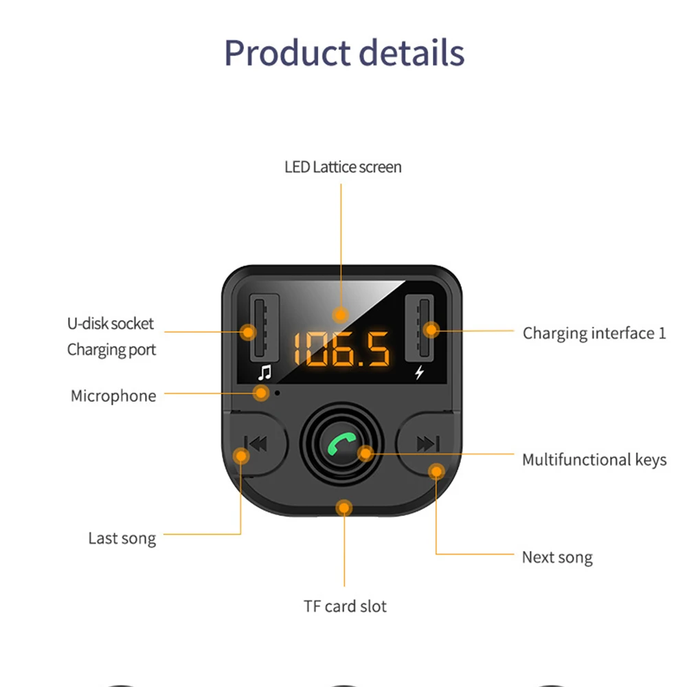 Vehemo Universal Car FM Transmitter Handsfree TF Card U Disk Bluetooth 5.0 BT36B 3.1A Stereo Music Power-Off Memory Receiver