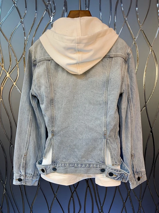 Early Autumn New Female Necklace Draw-rope Connecting Cap Stitching Denim Decorative Zipper Long Sleeve Short Coat 817