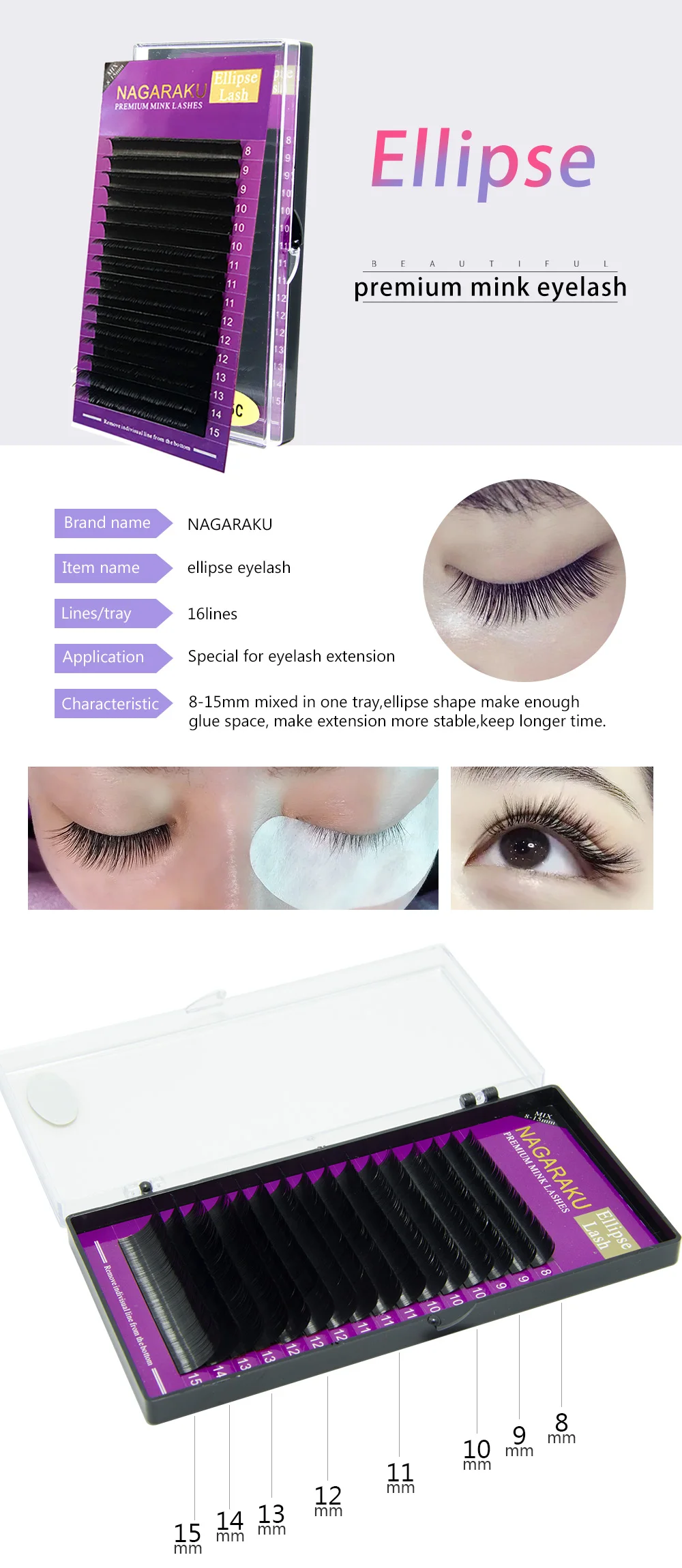 NAGARAKU mix 8~15mm in one case Ellipse Flat False Eyelash Extension flat mink Eyelashes Ellipse eyelashes