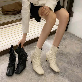 

Bailamos Fashion Women Ankle Boots 2020 New Arrivals Pleated Round Toe Zipper Short Boots Thin High Heel Winter Chelsea Boot