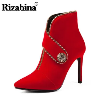 

RIZABINA Size 33-43 Women Winter Boots Ankle High Heel Boots Woman Warm Fur Shoes Patchwork Metal Zipper New Fashion S