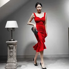 Модное женское удобное элегантное красное платье-труба Новое поступление вечерние сексуальные винтажные высококачественные бретелька Русалка платье