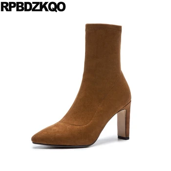 

short plus size boots winter designer shoes women luxury 2019 big slip on high heel 10 thick chunky brown pointed toe fashion