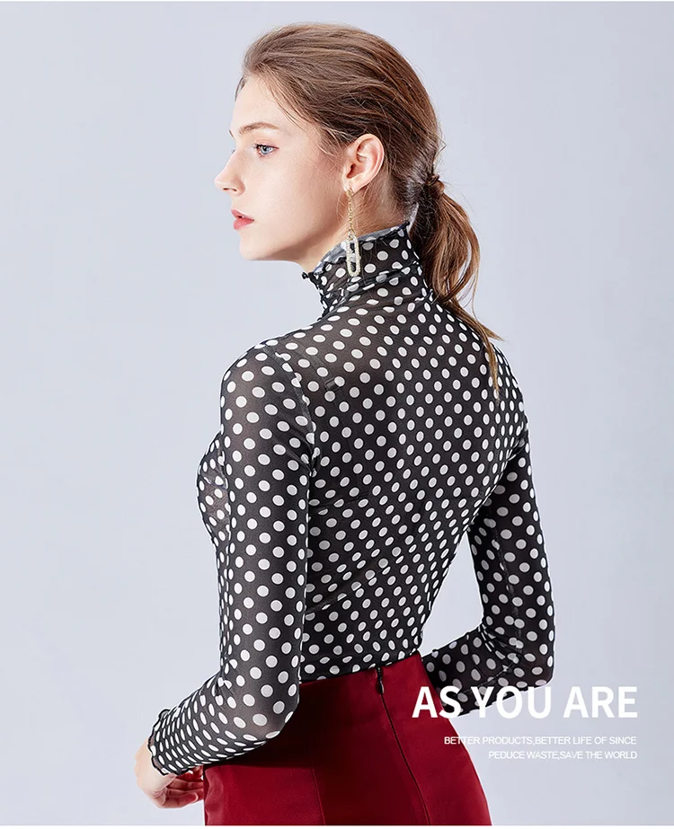 Size S-3XL Women Turtleneck Sexy Slim Soft Full Sleeve Semi-transparent T Shirts Lady Dot Mesh Elegant Elastic Tops Tees