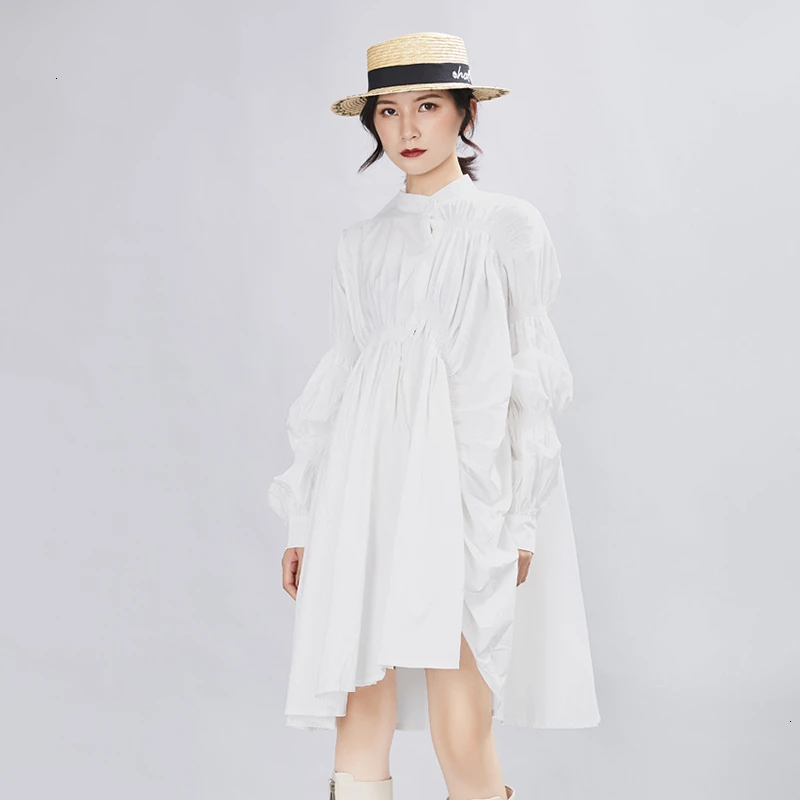 white CHICEVER, корейское платье-рубашка с рюшами, женское свободное асимметричное платье с пышными рукавами, женская модная одежда, осень, Новинка - Цвет: white