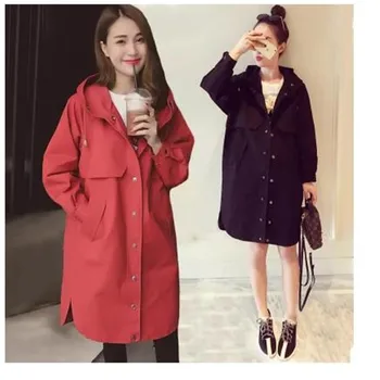 

Women trench loose coat autumn winter outfit hooded casual long windbreaker trench coat female business outerwear plus size