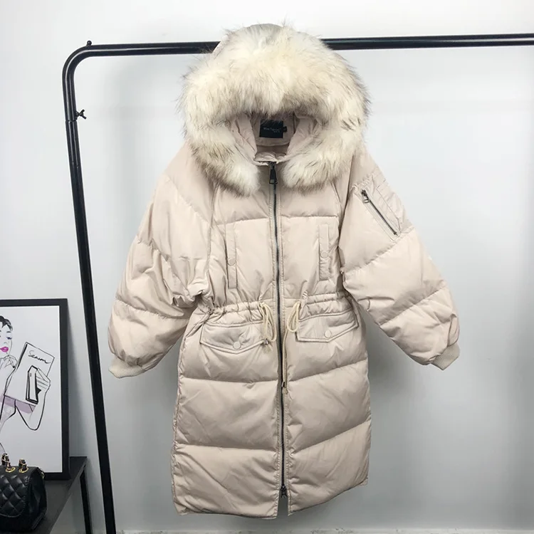 Женский пуховик из Южной Кореи Dongdaemun средней длины с завязками на талии, облегающий Зимний пуховик для похудения с изображением енотовидной собаки