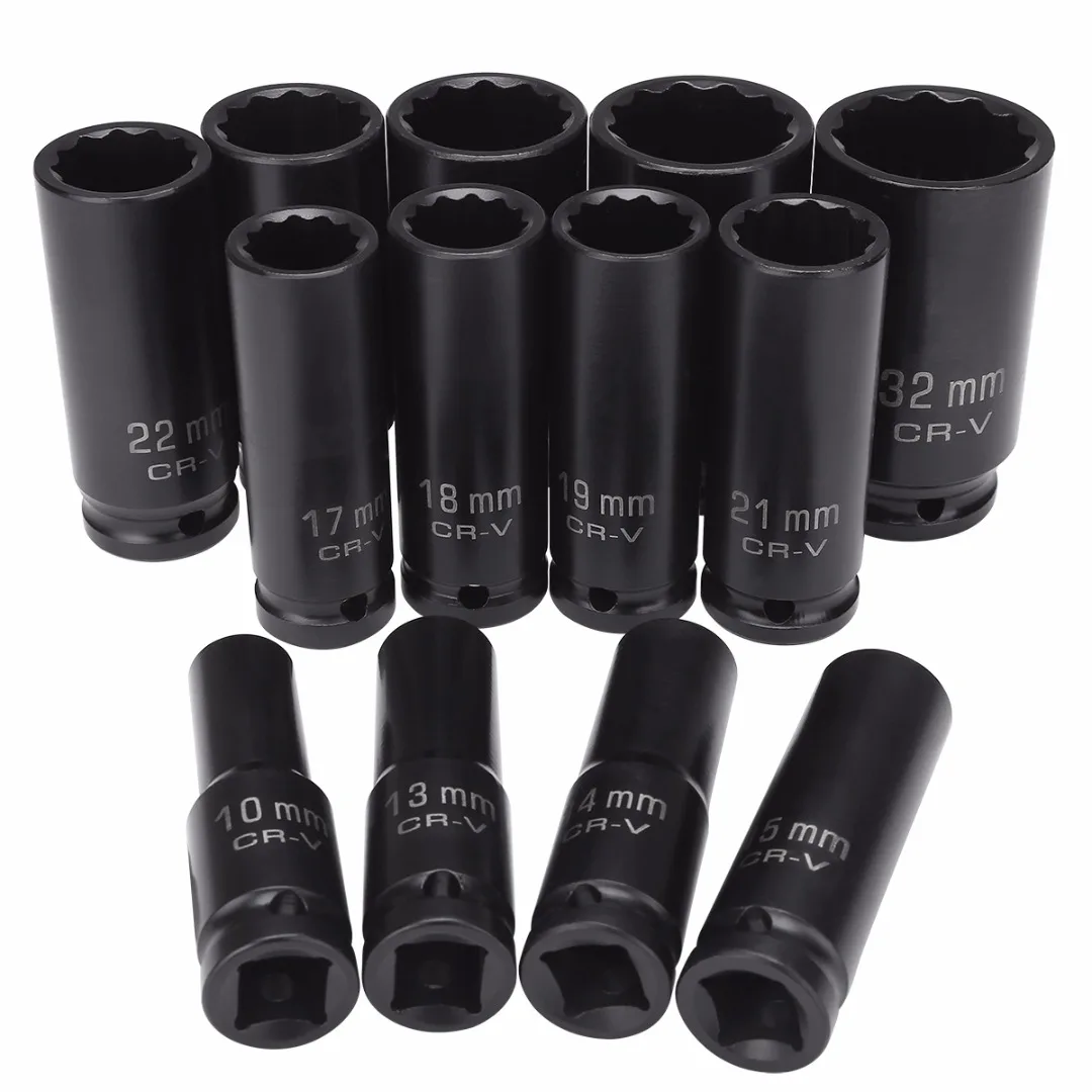 13pcs Impact Socket Set 1/2" 10-32mm Universal Socket Metric Drive Deep Socket Set Wrench for Air Pneumatic Tool Repair Tools