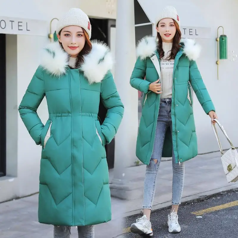 

Cotton-padded Clothes Women's Mid-length 2019 New Cap Large Size Slim Fit Cotton Coat Waist Hugging Stitching Color Large Fur Co