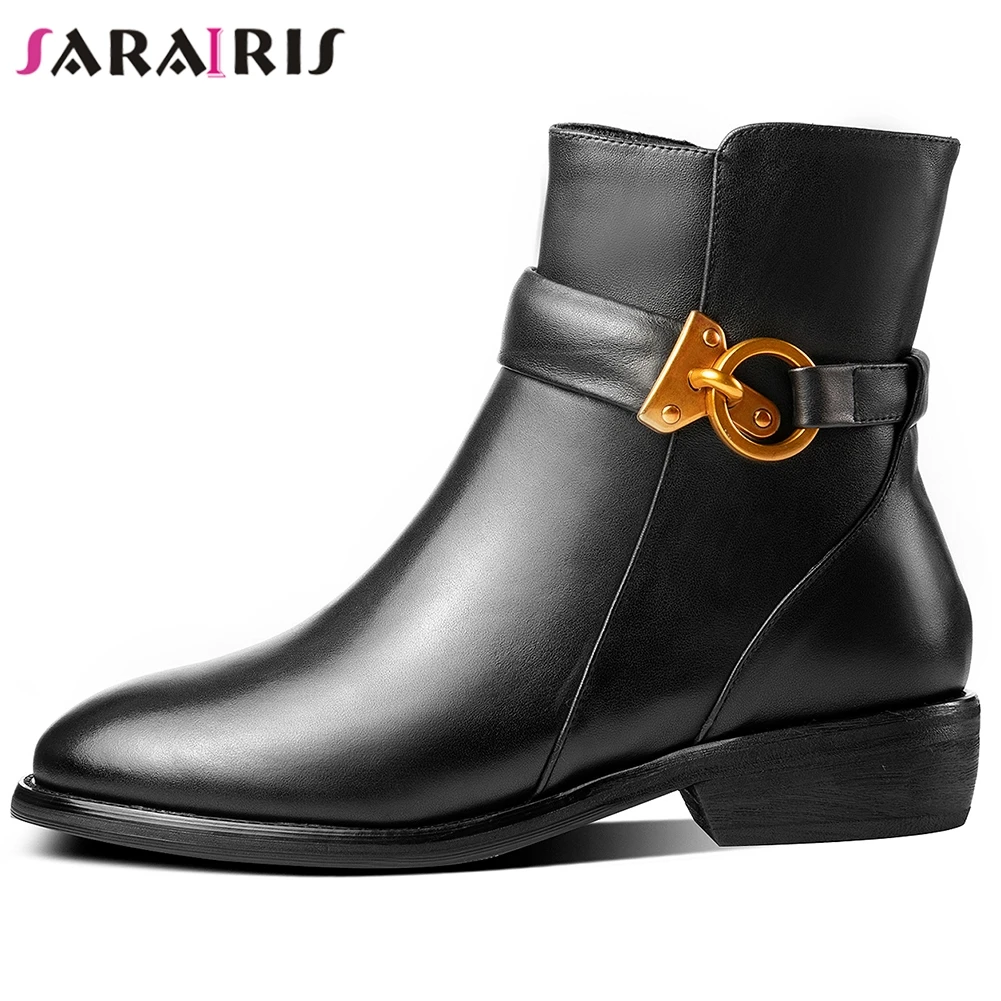 

SARAIRIS New Large Size 33-43 Ladies Brand Ankle Boots Women British Med Heel Boots High Quality Genuine Leather Shoes Woman