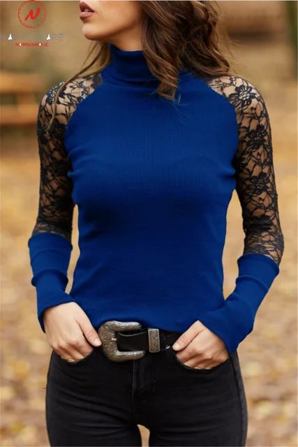 Elegant Women Spring Autumn T-Shirts Hollow Out Design Lace Decor Half High Collar Long Sleeve Slim Pullovers Top 2