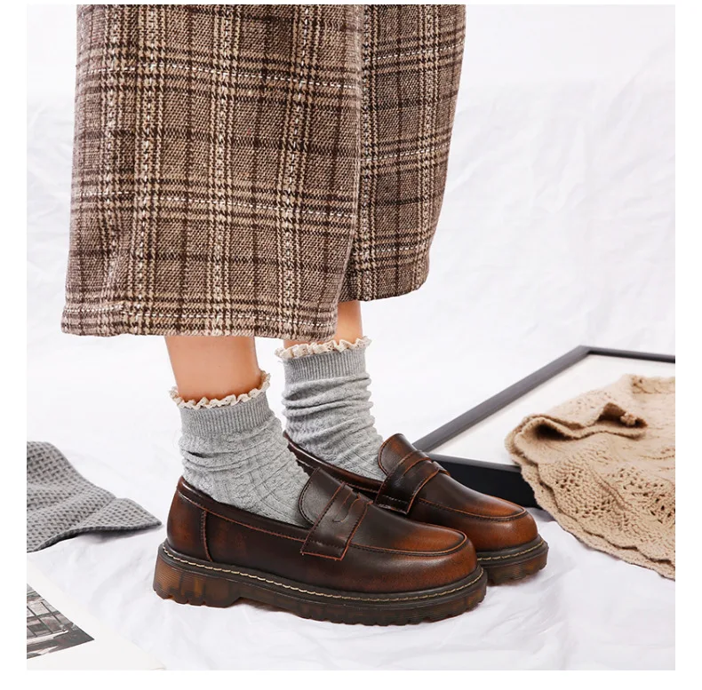 CEVABULE British Women's Leisure Single Shoes Japan College Lefu Shoes Low-heeled Small Shoes Women's Shoes Leather FJM FJM