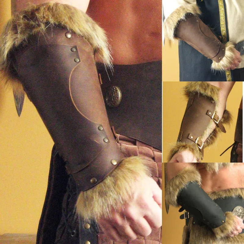 Взрослый мужской средневековый рыцарь Viking Larp кожаный меховой нарукавник Броня с