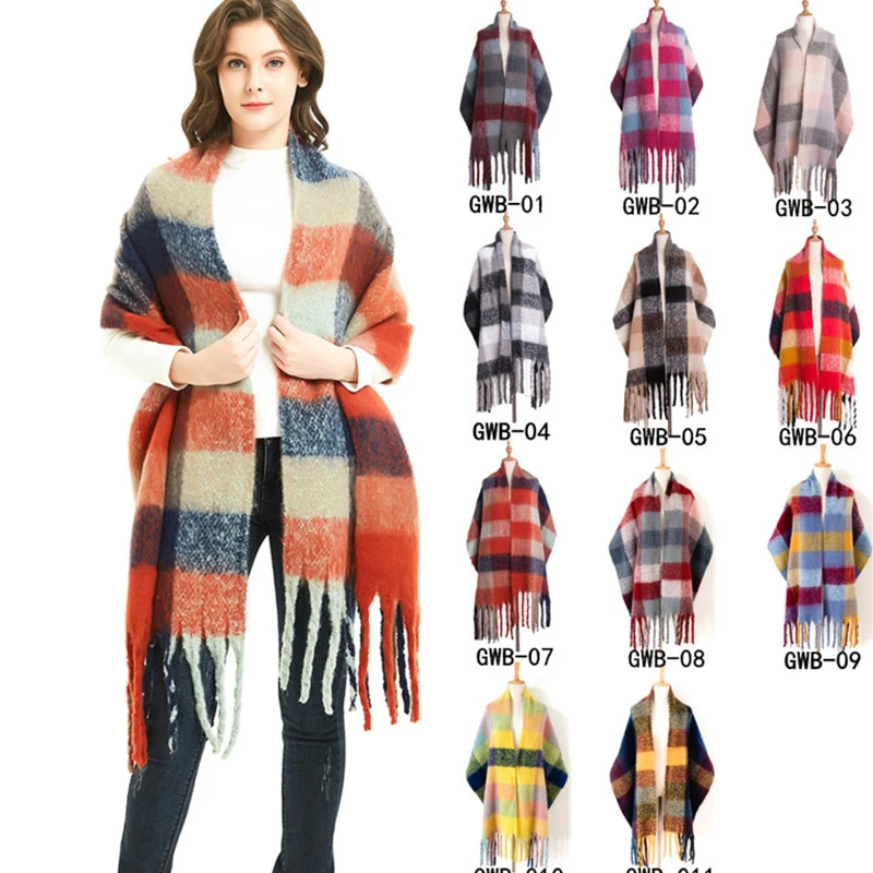 Клетчатый женский шарф, широкие клетчатые цветные кашемировые шарфы с кисточками, Осень-зима, длинная шаль, одеяло, теплый палантин
