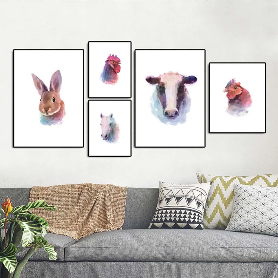 

Watercolour Printed Animals Canvas Painting Modern Home Decoration Nordic Cat Rabbit Tiger Chicken Poster Wall Art Pictures