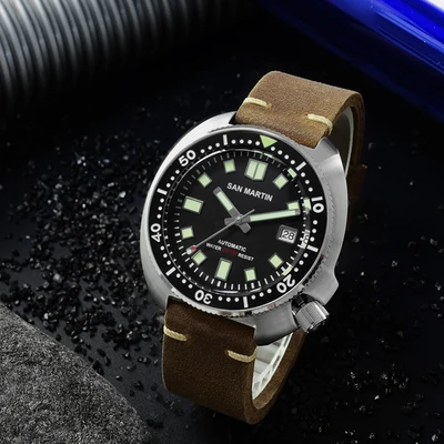 black with logo San Martin, новинка 6105, часы для дайвинга, 200 м, водостойкие, Акула, кожаный ремешок, водостойкие, для мужчин, автоматические наручные часы для мужчин - Цвет: black with logo