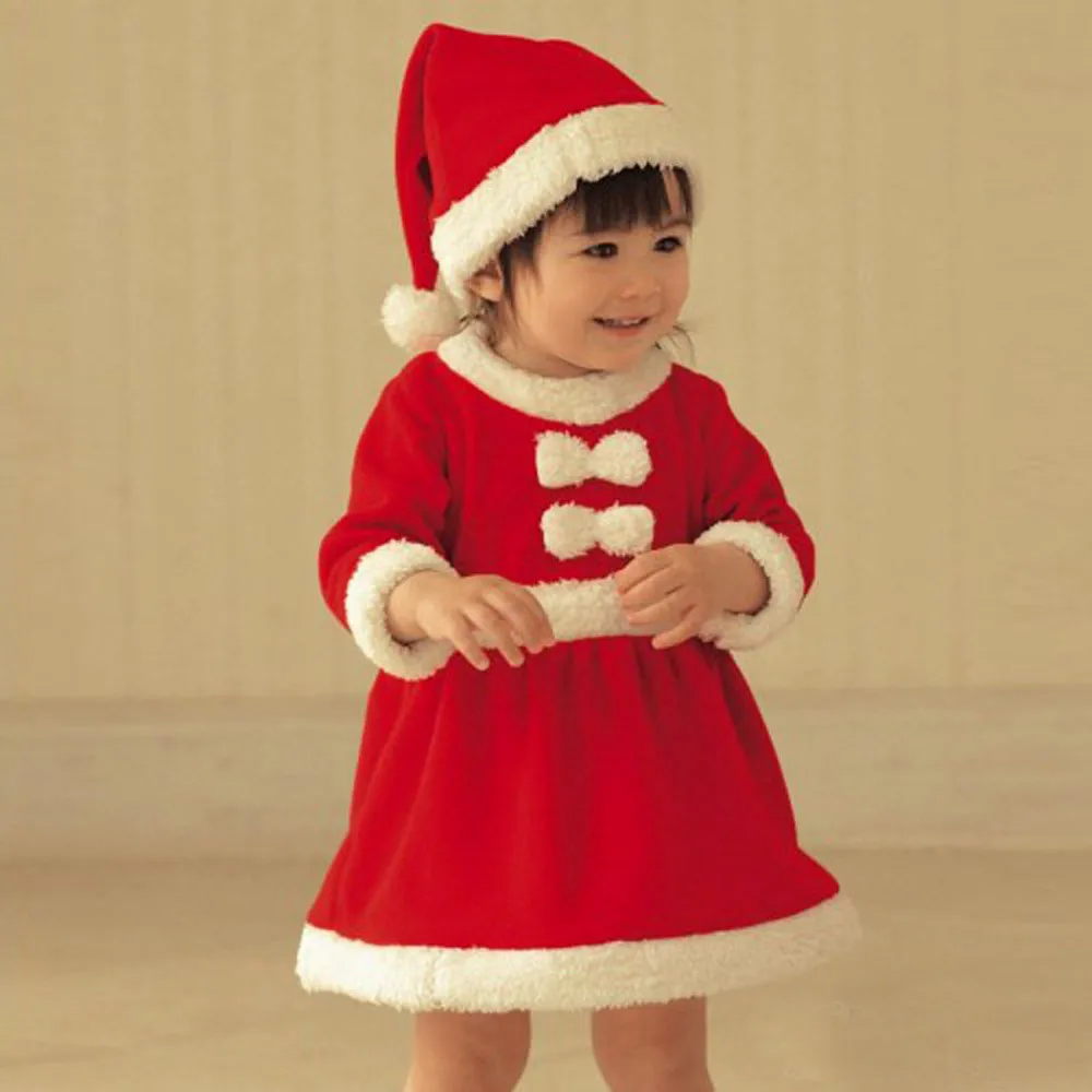

New Baby Christmas Dresses Bowknot Party Dresses Toddler Kid Girl Clothes Costume +Hat Outfit Winter Warm Boutique Clothes A40